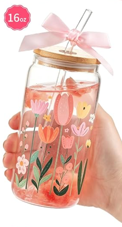 Floral Glass Cup with Lid & Straw